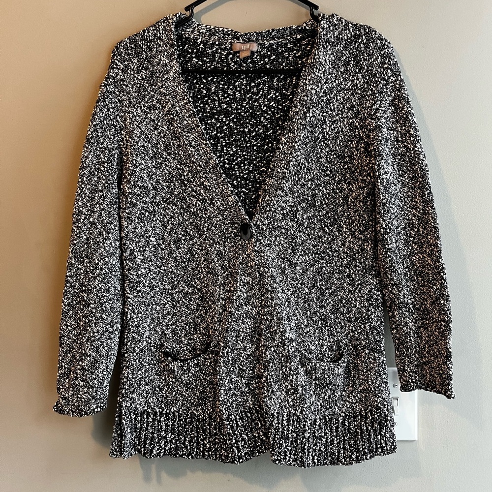 J. Jill Black and White Textured Cardigan Small 100% Cotton One Button Pockets